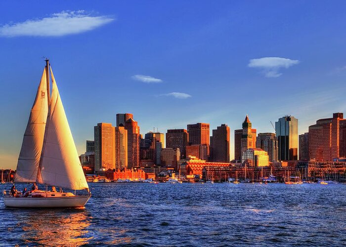 Boston Greeting Card featuring the photograph Sunset Sail on Boston Harbor by Joann Vitali