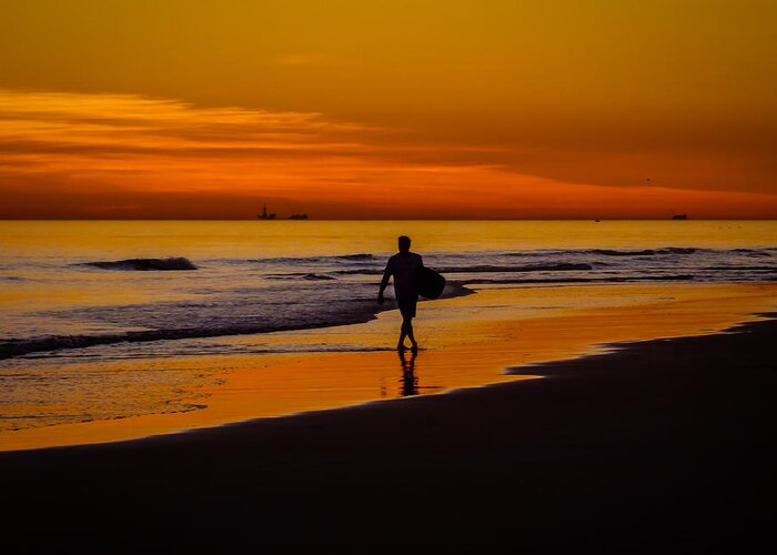 Newport Beach Greeting Card featuring the photograph Sunset Surfer by Pamela Newcomb
