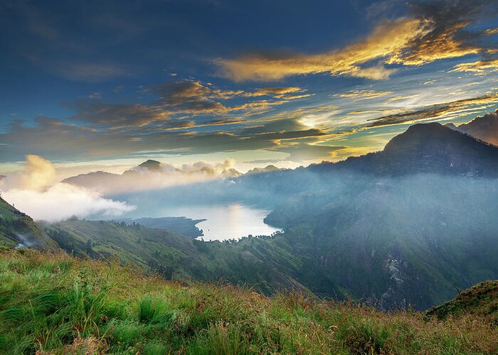 Landscape Greeting Card featuring the photograph Sunset view from Mt Rinjani crater by Pradeep Raja Prints