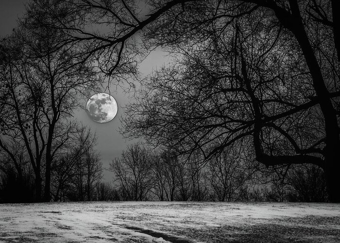 Michigan Greeting Card featuring the photograph Super Blue Moon Rising BW by William Christiansen