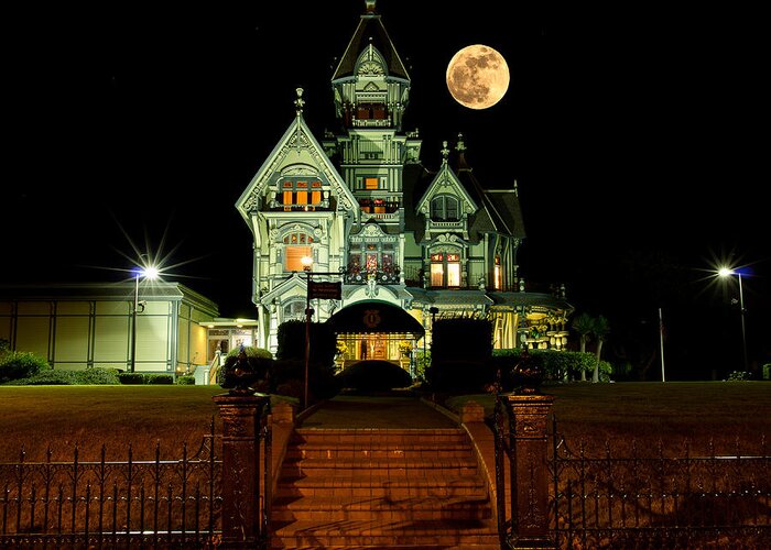 Moon Greeting Card featuring the photograph Super Moon over Carson Mansion by Greg Nyquist