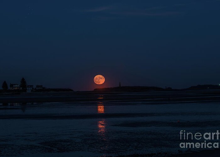 Landscape Greeting Card featuring the photograph Super Moon rising over Hills Beach ,Biddeford Maine by David Bishop