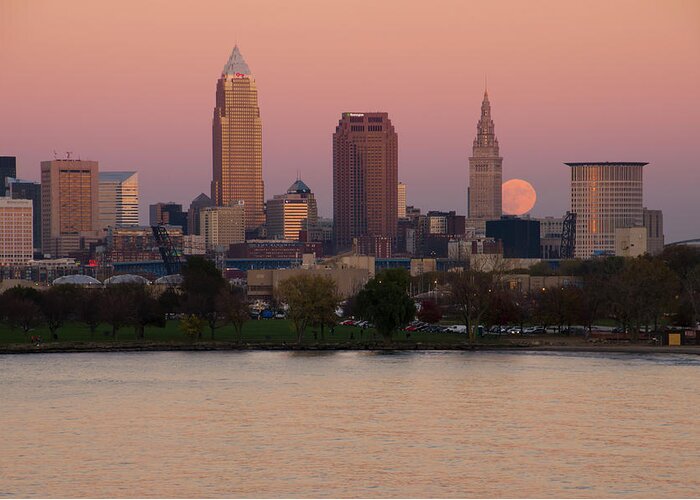 Super Moon Greeting Card featuring the photograph SuperMoon Over Cleveland by Ann Bridges