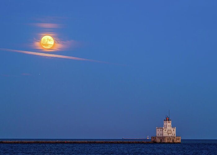 Lake Michigan Greeting Card featuring the photograph Supermoon over the white lighthouse by Kristine Hinrichs