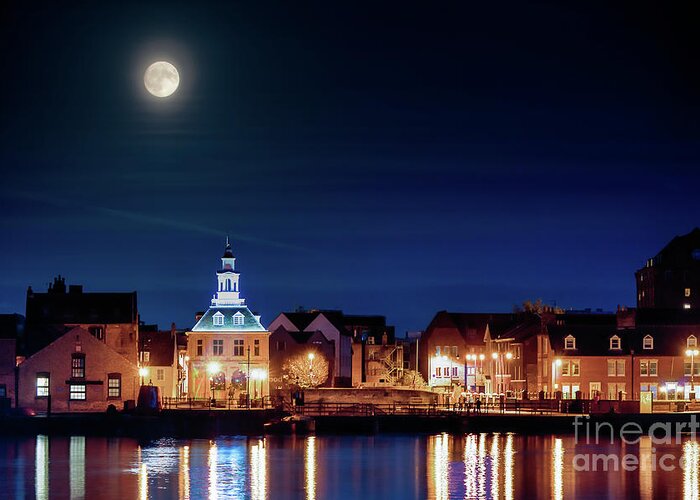 Super-moon Greeting Card featuring the photograph Supermoon rising over Norfolk town UK by Simon Bratt