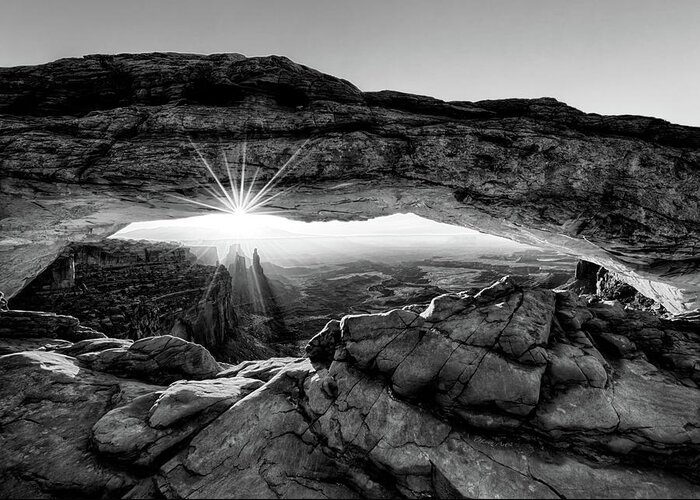 Mesa Arch; Utah; Canyonlands; National Park; Sunrise; Arch; Red; Brown; Desert; Butte; Dawn; Morning; Remote; Beauty; Sun; Sunburst; Rays; Sunlight Glowing Greeting Card featuring the digital art Supernatural West - Mesa Arch Sunburst in Black and White by OLena Art