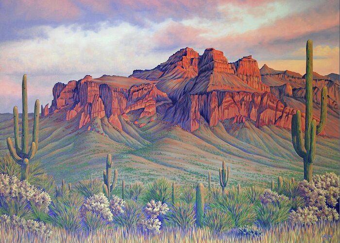 Landscape Greeting Card featuring the painting Superstition Sonata by Cheryl Fecht