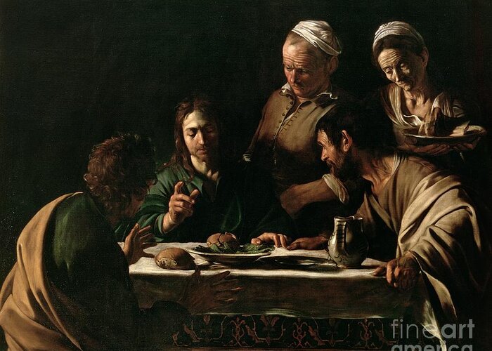 Supper At Emmaus Greeting Card featuring the painting Supper at Emmaus by Michelangelo Merisi da Caravaggio