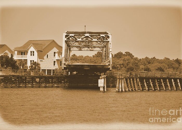 Sepia Greeting Card featuring the photograph Surf City Vintage Swing Bridge In Sepia 1 by Bob Sample