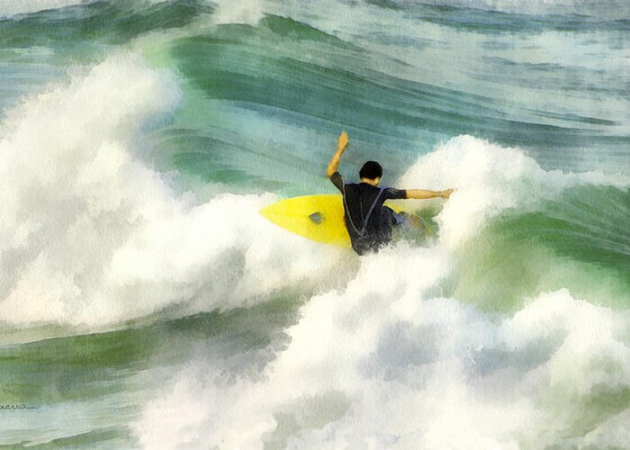 Surf Surfer Wave Ocean Sport Recreation Water Sea Breaker Board Man Male Guy Greeting Card featuring the digital art Surfer 76 by Frances Miller