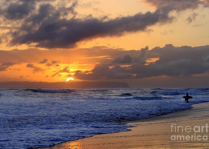 Kauai Greeting Card featuring the photograph Surfer at Sunset on Kauai Beach With Niihau on Horizon by Catherine Sherman