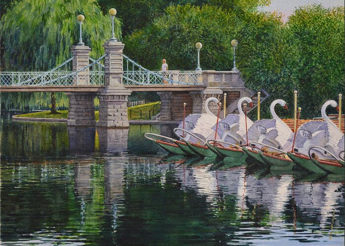 Swan Greeting Card featuring the painting Swan Boats Boston Common by Tyler Ryder