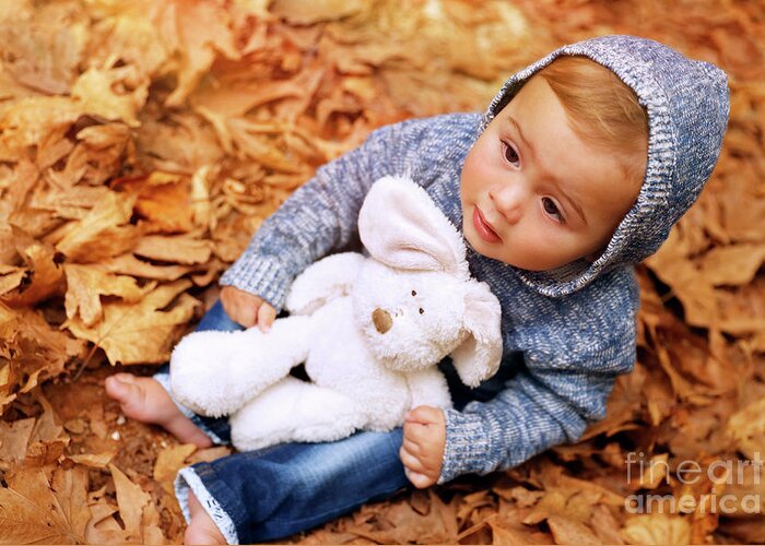 Autumn Greeting Card featuring the photograph Sweet baby in the autumn park by Anna Om