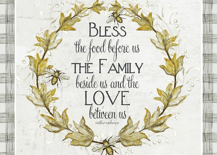 Bless The Food Greeting Card featuring the painting Sweet Life Farmhouse 4 Laurel Leaf Wreath Bee Bless This Food by Audrey Jeanne Roberts