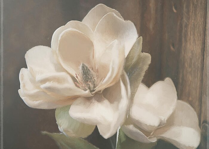 Sweet Magnolia Blossom By Tl Wilson Photography Is A Digital Painting Made From An Original Photograph Of A Magnolia Blossom Against A Rustic Background. Greeting Card featuring the mixed media Sweet Magnolia Blossom by Teresa Wilson
