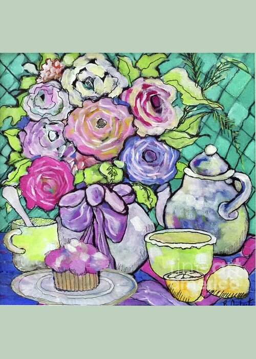 Still Life Greeting Card featuring the painting Sweetness and Tea by Rosemary Aubut