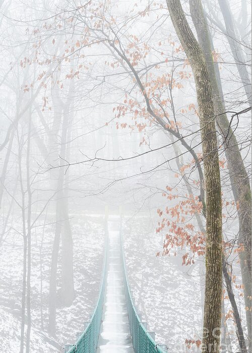 Swinging Bridge Greeting Card featuring the photograph Swinging Bridge in Fog by Tamara Becker