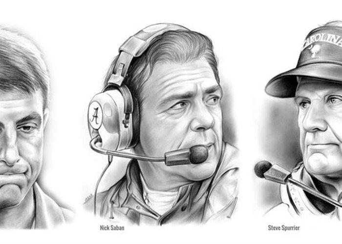 Coaches Greeting Card featuring the drawing Swinney Saban Spurrier by Greg Joens