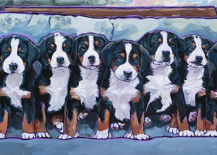 Greater Swiss Mountain Dog Greeting Card featuring the painting Swissie Pups by Nadi Spencer