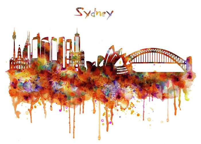 Sydney Greeting Card featuring the painting Sydney watercolor skyline by Marian Voicu