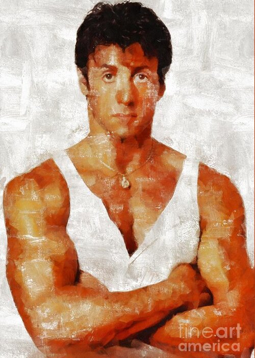 Hollywood Greeting Card featuring the painting Sylvester Stallone, Hollywood Legend by Mary Bassett by Esoterica Art Agency