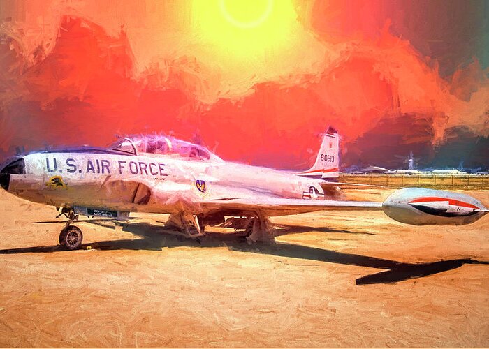 Painted Greeting Card featuring the photograph T-33 in the Desert by Steve Benefiel