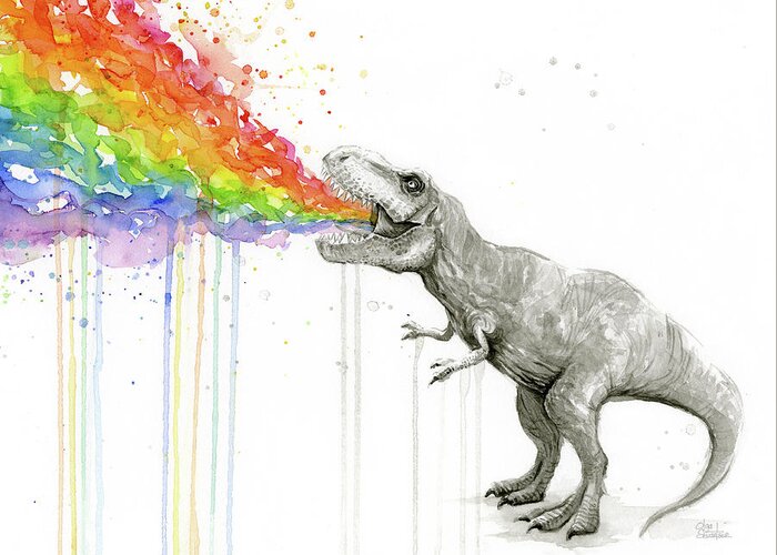 T-rex Greeting Card featuring the painting T-Rex Tastes the Rainbow by Olga Shvartsur