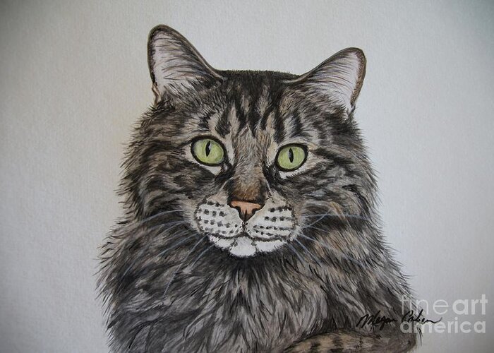 Cat Greeting Card featuring the painting Tabby-Lil' Bit by Megan Cohen
