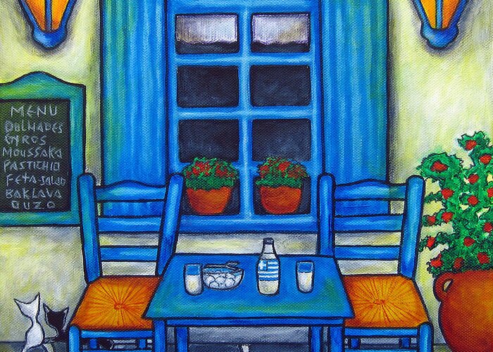 Blues Greeting Card featuring the painting Table for Two in Greece by Lisa Lorenz