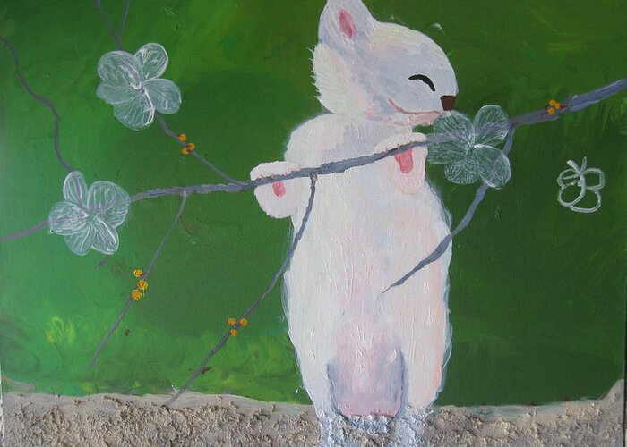 Cat Painting Greeting Card featuring the painting Take Time to Smell the Flowers by AJ Brown