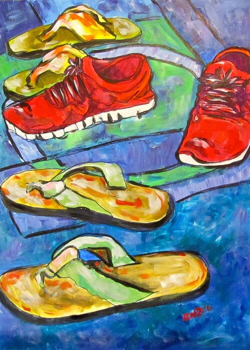 Tennis Shoes Greeting Card featuring the painting Take Your Shoes Off by Barbara O'Toole