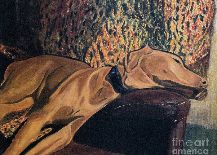 Acrylic Greeting Card featuring the painting Tanner in Repose II by Jackie MacNair