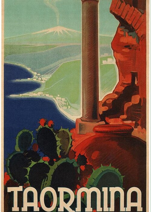Taormina Greeting Card featuring the mixed media Taormina, Italia - Sicily, Italy - Retro travel Poster - Vintage Poster by Studio Grafiikka