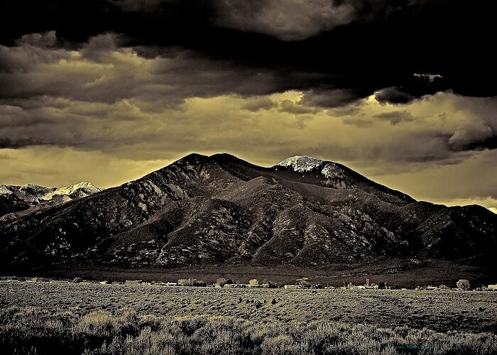 Taos Greeting Card featuring the photograph Taos mountain in gold tone by Charles Muhle