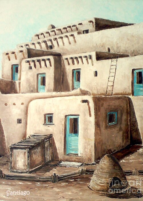 Taos Greeting Card featuring the painting Taos Pueblo by Santiago Chavez