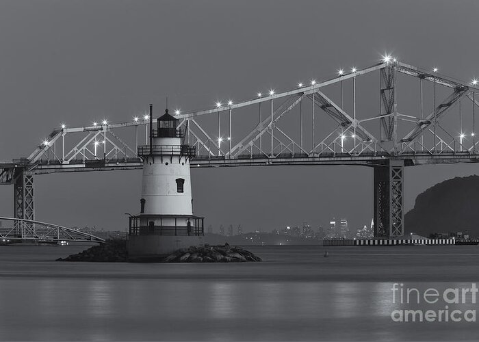 Clarence Holmes Greeting Card featuring the photograph Tarrytown Lighthouse and Tappan Zee Bridge at Twilight II by Clarence Holmes