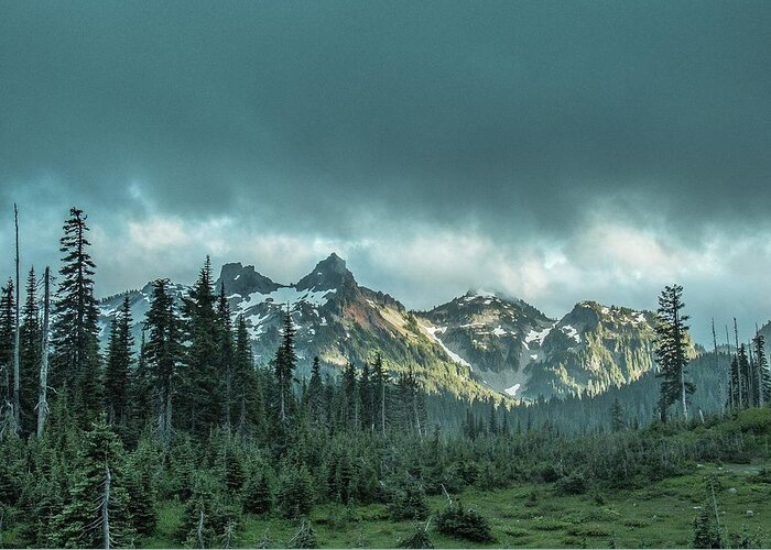 Mt. Rainier National Park Greeting Card featuring the photograph Tatoosh with Storm Clouds by E Faithe Lester