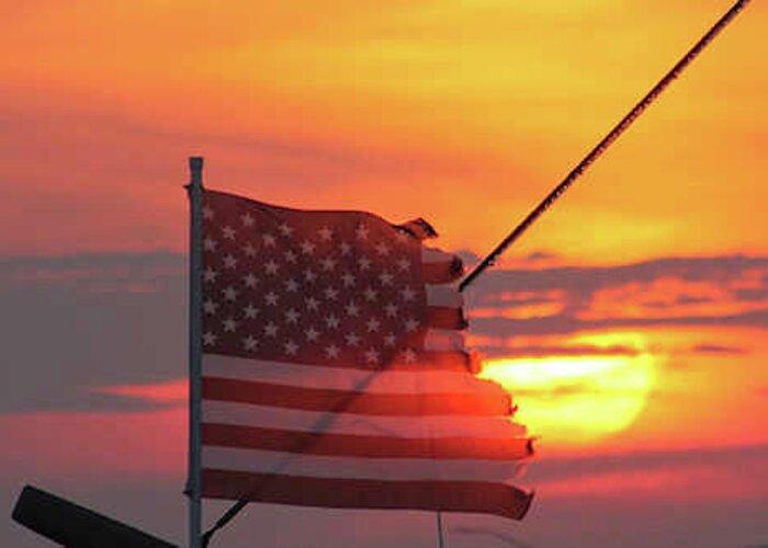 Us Greeting Card featuring the photograph Tattered Flag at Sunset by Robert Banach