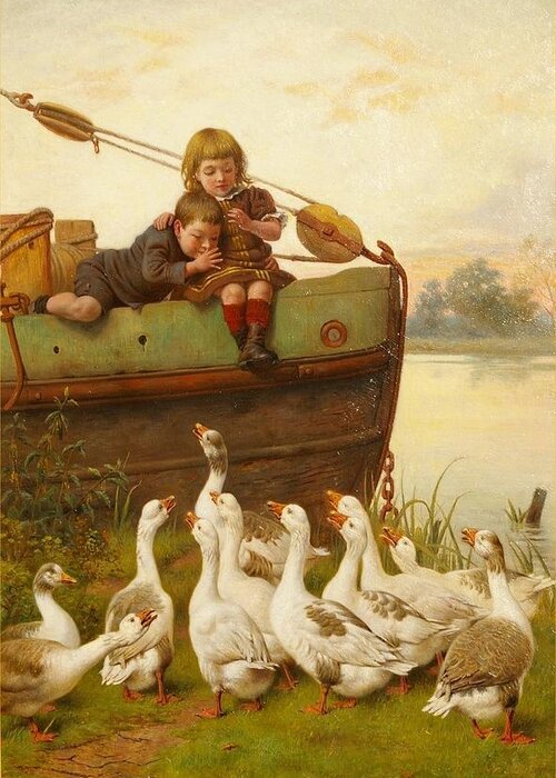 William Weekes (1856-1901) Taunting The Geese C. 1890 Greeting Card featuring the painting Taunting the gees by MotionAge Designs