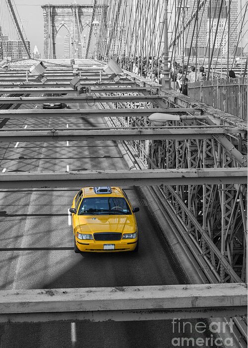 Cab Greeting Card featuring the photograph Taxi on the Brooklyn bridge by Patricia Hofmeester