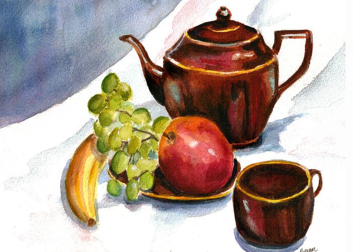 Teapot Greeting Card featuring the painting Tea and Fruit by Clara Sue Beym