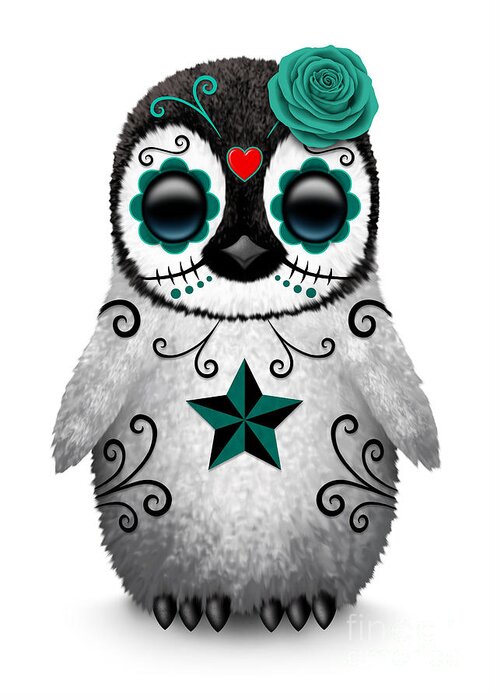 Teal Blue Day of the Dead Sugar Skull Penguin Greeting Card by Jeff Bartels