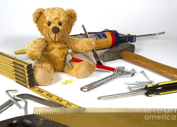 Construction Greeting Card featuring the photograph Teddy bear repairman by Karen Foley