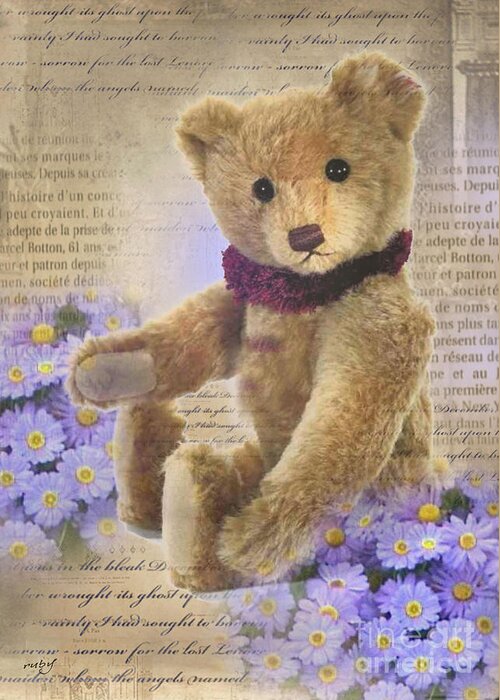 Art;vintage;teddy Bear;toy;flowers;cute;child;family;unique;one Of A Kind Greeting Card featuring the digital art Teddy Bear Time by Ruby Cross