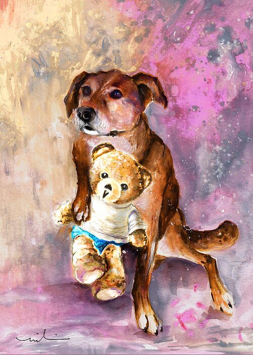 Truffle Mcfurry Greeting Card featuring the painting Teddy Bear Caramel And Dog Douchka by Miki De Goodaboom