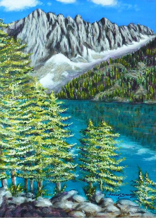 Temple Crag In Big Pines Lake Greeting Card featuring the painting Temple Crag by Amelie Simmons