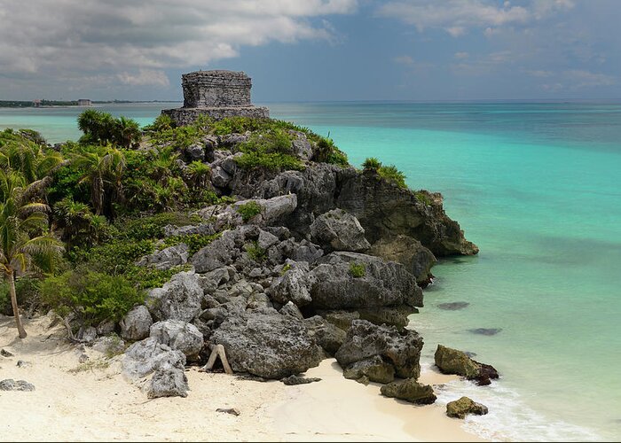 Templo Del Dios Del Viento Greeting Card featuring the photograph Temple of the wind God Kukulcan on a sea cliff at Tulum Mexico by Reimar Gaertner