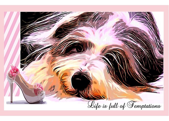 Bearded Collie Greeting Card featuring the digital art Temptation by Kathy Kelly