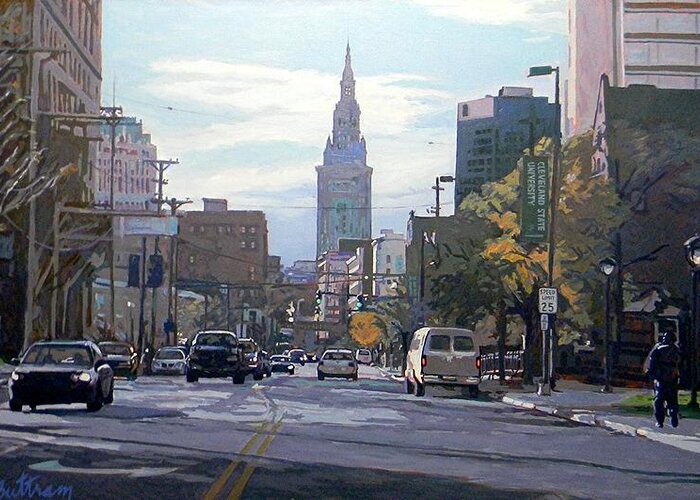 A Trip In The Inner City Greeting Card featuring the painting Terminal Tower by David Buttram