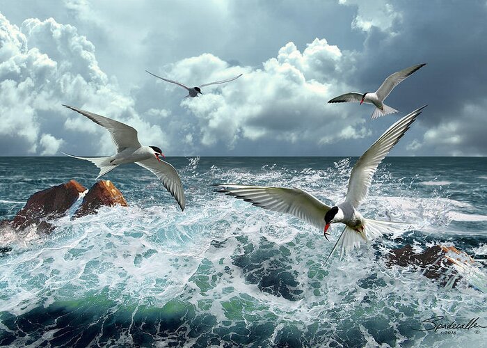 Ocean Greeting Card featuring the digital art Terns In The Surf by Spadecaller